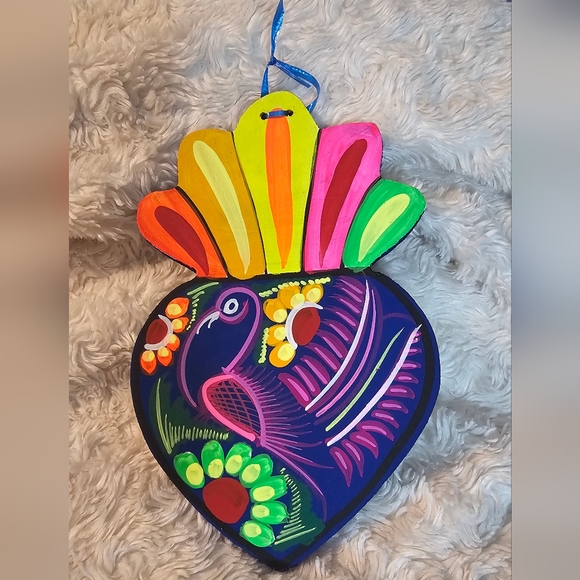Handpainted Heart Mexican Folklore Art Blue Bird With Vibrant Bright Colors New - Picture 3 of 4